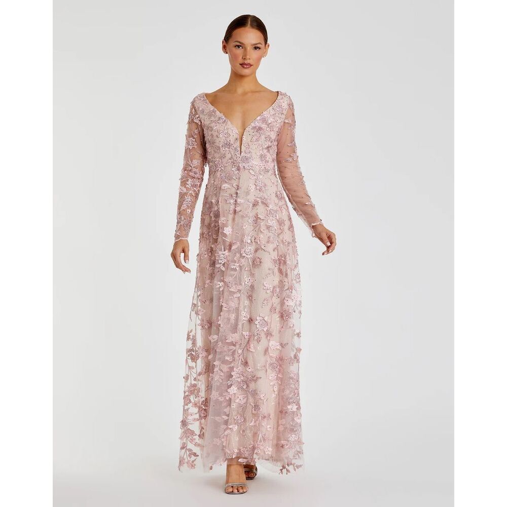 Mac Duggal NWT Floral Appliqué Long Sleeve Illusion Dress in Rose Pink Size 2